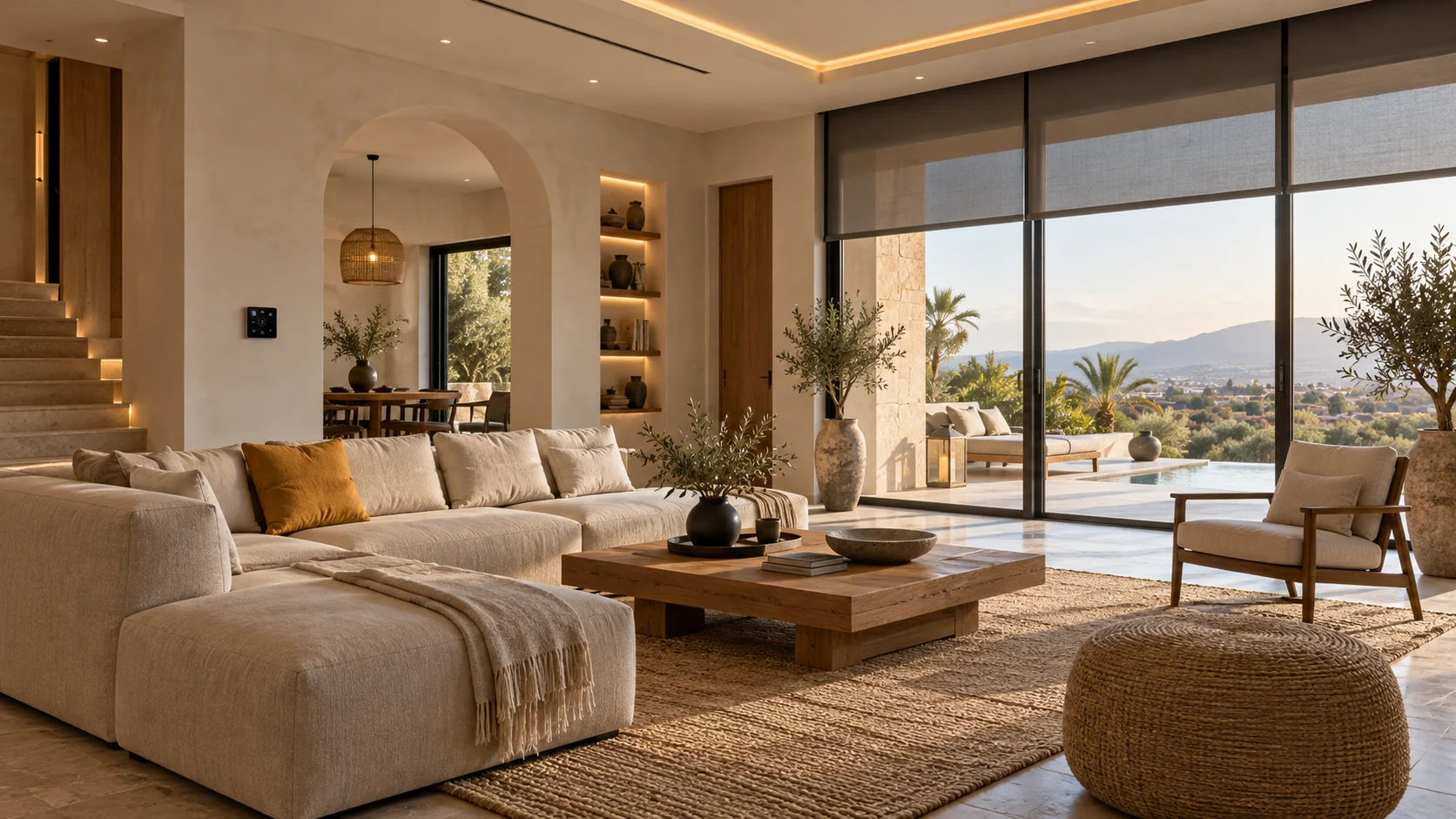 Contemporary interior illustrating a home with integrated lighting and blinds