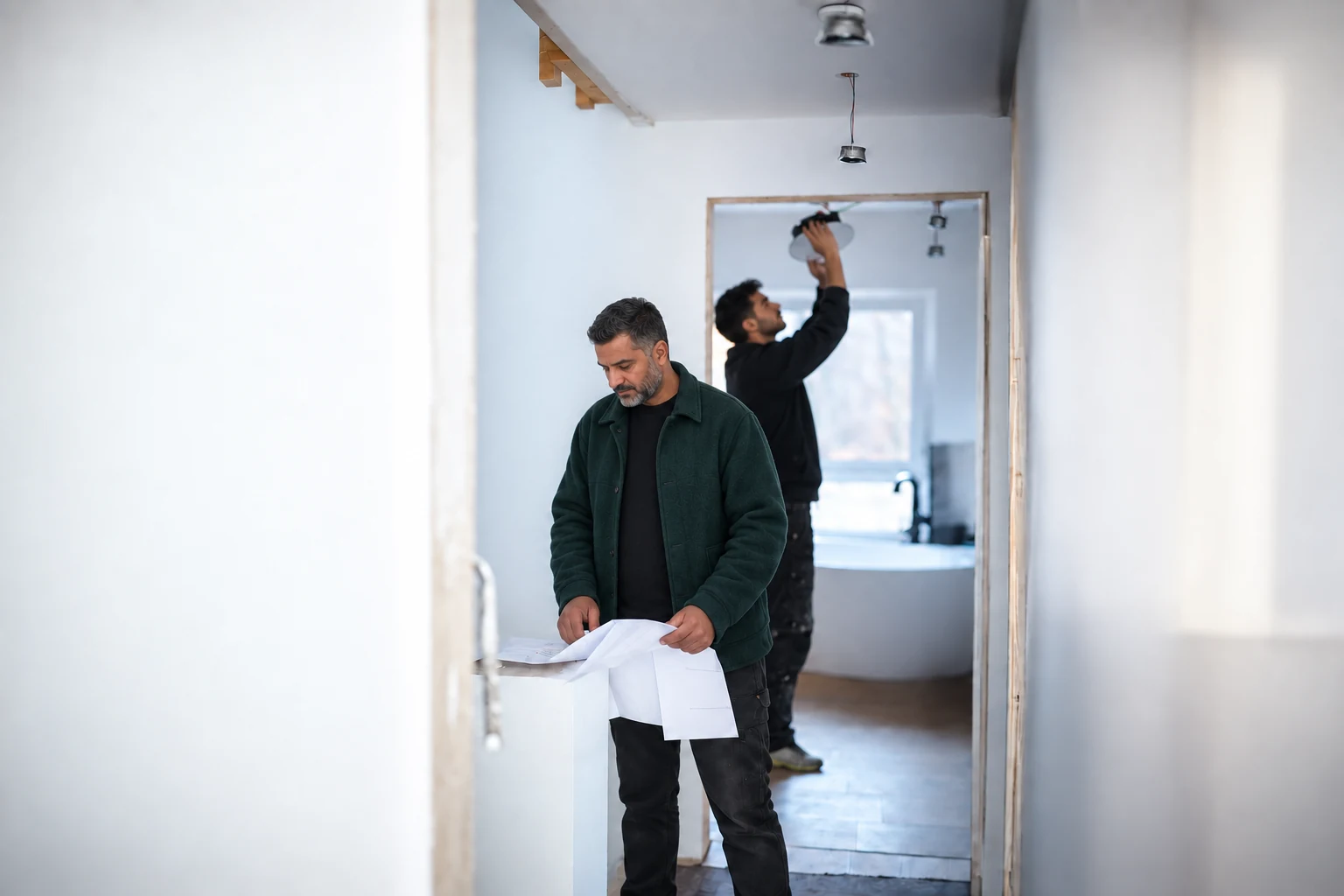 Professionnels étudiant une installation